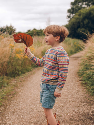 A young boy is wearing 'Explorer' Knitted Jumper by The Faraway Gang and holding a leaf.