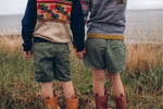 Children standing next to each other looking out to sea wearing The Faraway Gang.