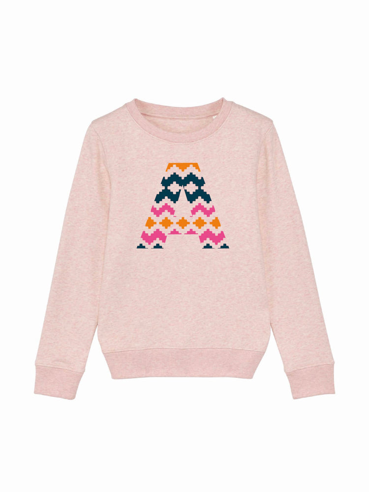 a pink 'Narrator' sweatshirt with the letter a on it, by The Faraway Gang.