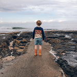 a young boy standing on a rocky beach next to the ocean.