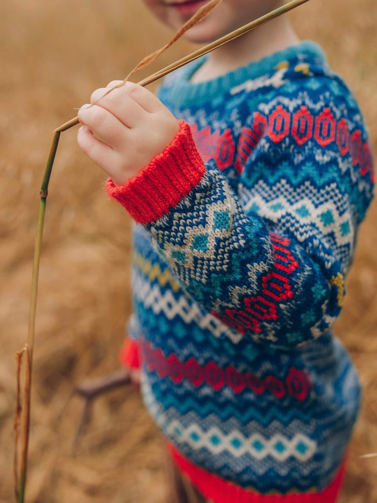 A little boy standing in a field holding a stick wearing 'The Daydreamer' Knitted Jumper from The Faraway Gang.