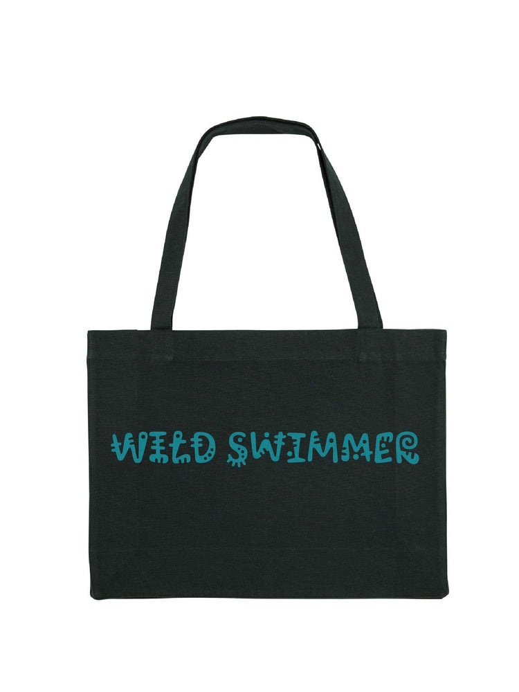 Black shopping tote with wild swimmer printed in turquiose.