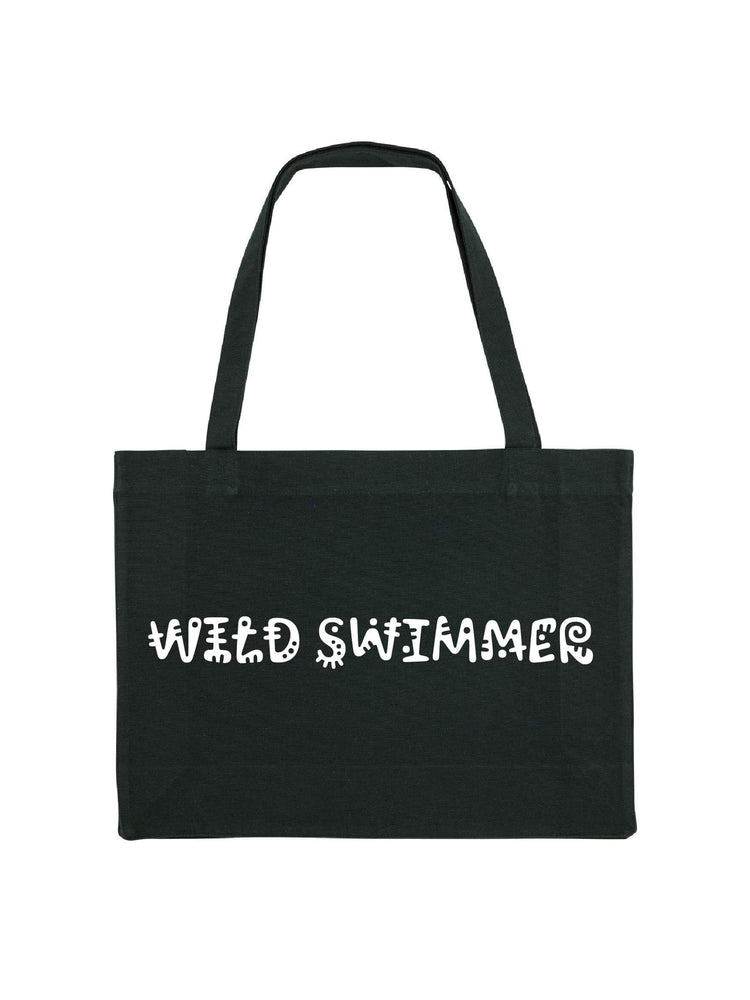 Black shopping tote with wild swimmer printed in white.