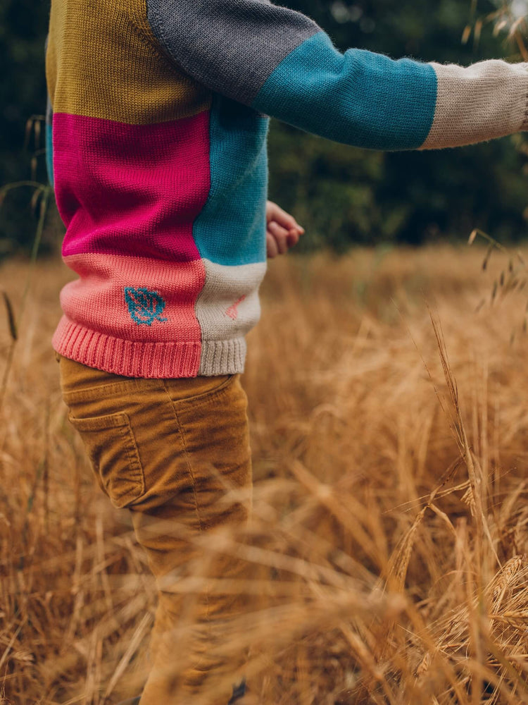 A little boy standing in a field of tall grass, wearing 'The Stargazer' Knitted Jumper by The Faraway Gang.