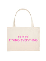 The Faraway Gang shopping tote bag with a slogan printed in neon pink.