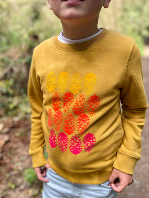 Closeup of boy wearing The 'Forager' Printed Sweatshirt.