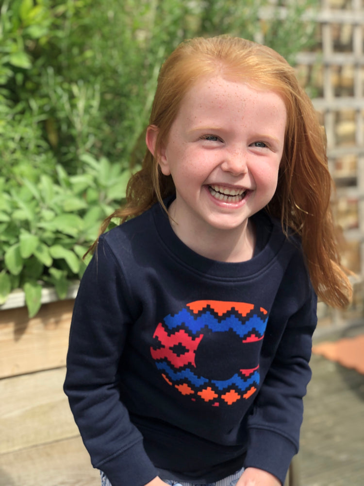 
            
                Load image into Gallery viewer, a little girl is laughing and wearing a &amp;#39;Narrator&amp;#39; Sweatshirt by The Faraway Gang in Navy.
            
        