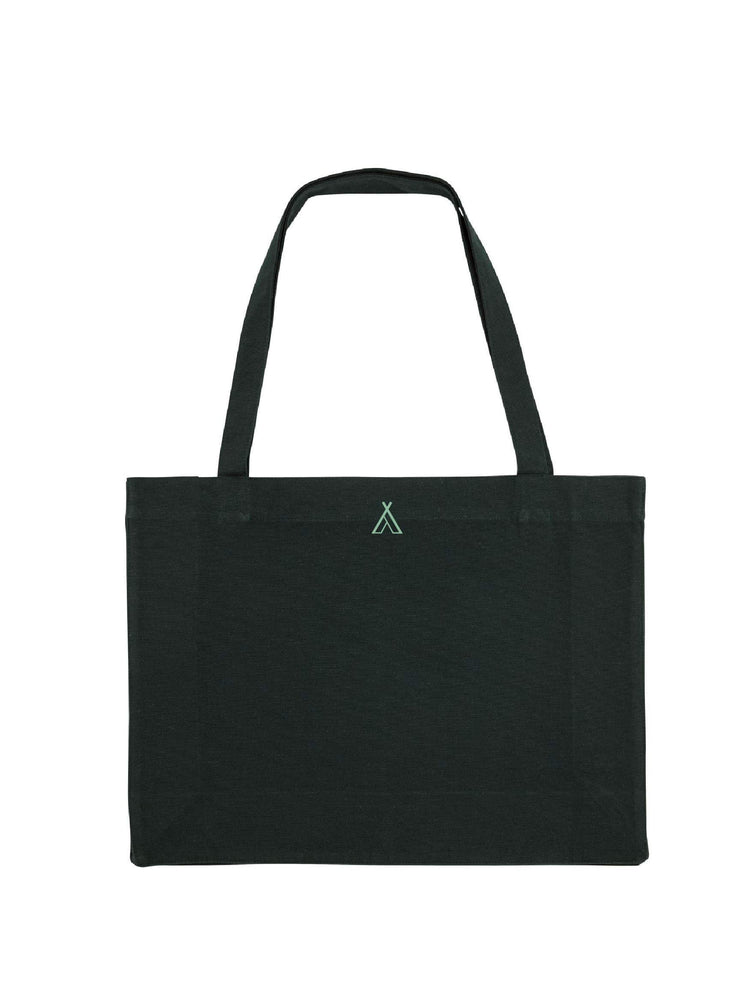 Reverse side of black tote bag with The Faraway Gang logo.