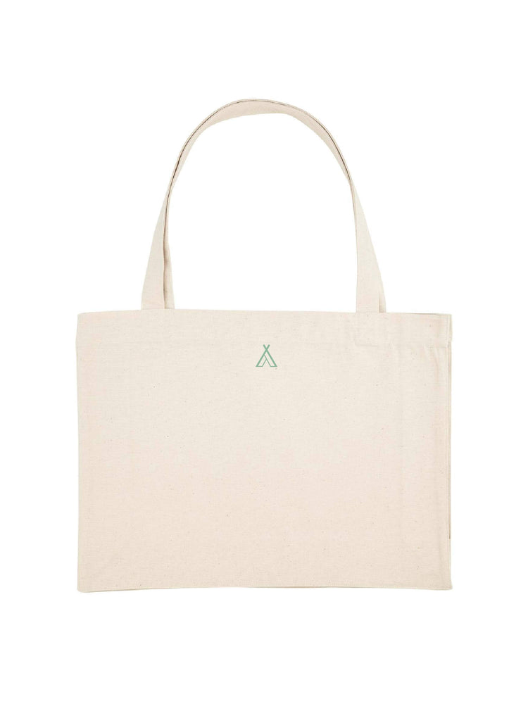 Reverse side of natural tote bag with The Faraway Gang logo.