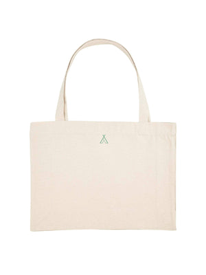 Reverse side of natural tote bag with The Faraway Gang logo.