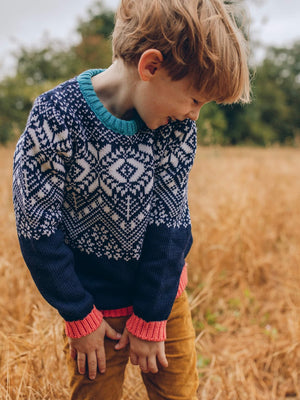 A young boy standing in a field of tall grass wearing 'The Storyteller' Knitted Jumper from The Faraway Gang.